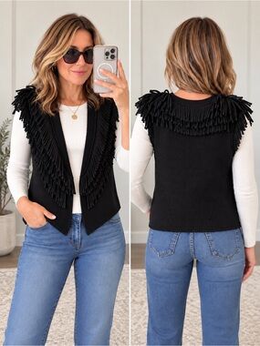 NIC+ZOE Black Fringe Wool Blend Sweater Vest Top Boho Western Festival Small